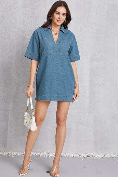 Pocketed Collared Neck Mini Denim Dress - Trendsi - Flyclothing LLC