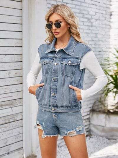 Button Up Cap Sleeve Denim Jacket - Trendsi - Flyclothing LLC