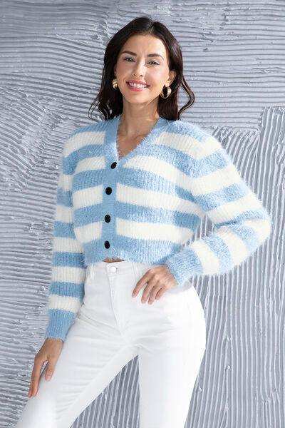 Striped Button Up Cropped Cardigan - Trendsi - Flyclothing LLC
