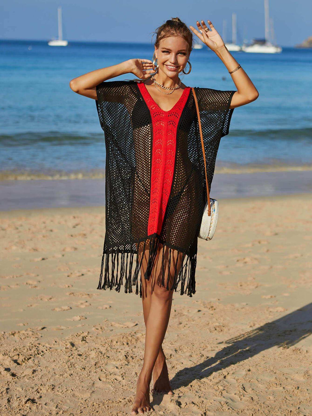 Contrast Fringe Trim Openwork Cover-Up Dress - Trendsi - Flyclothing LLC