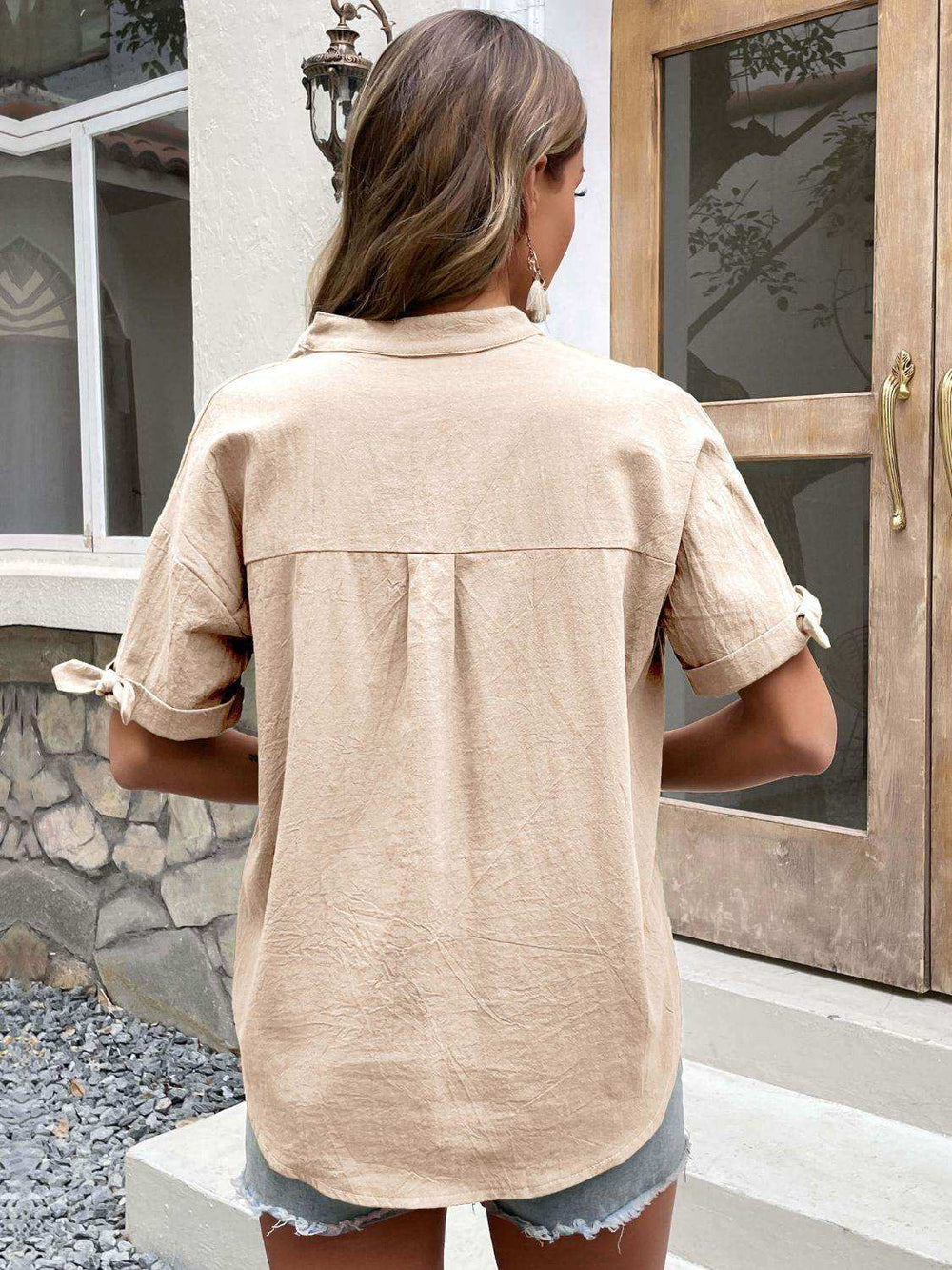 Buttoned Notched Neck Cuffed Sleeve Blouse - Trendsi - Flyclothing LLC