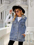 Drawstring Pocketed Button Up Sleeveless Denim Jacket - Trendsi - Flyclothing LLC