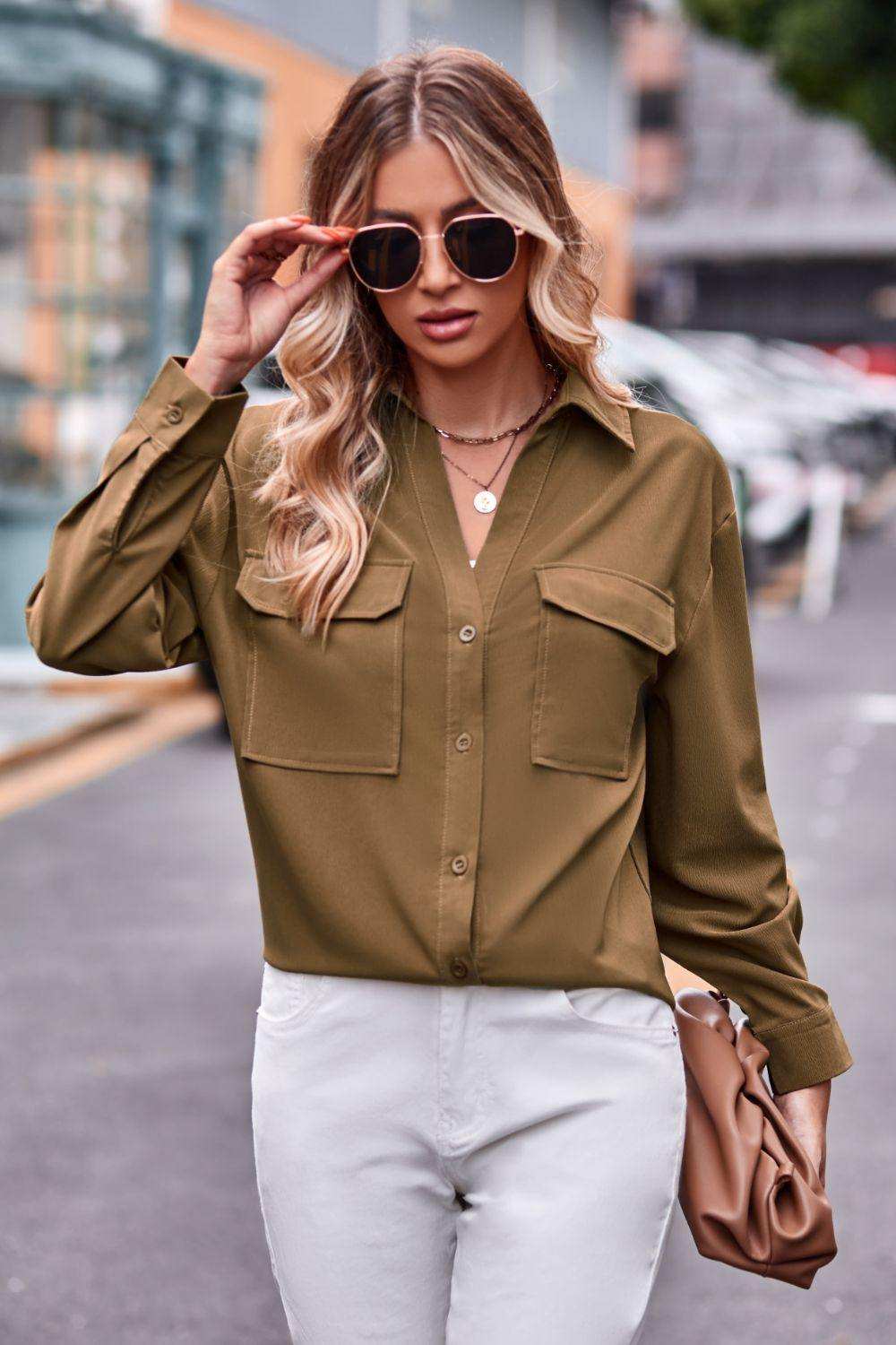 Dropped Shoulder Longline Shirt with Pockets - Trendsi - Flyclothing LLC