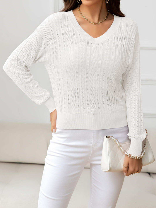 V-Neck Long Sleeve Eyelet Knit Top - Trendsi - Flyclothing LLC