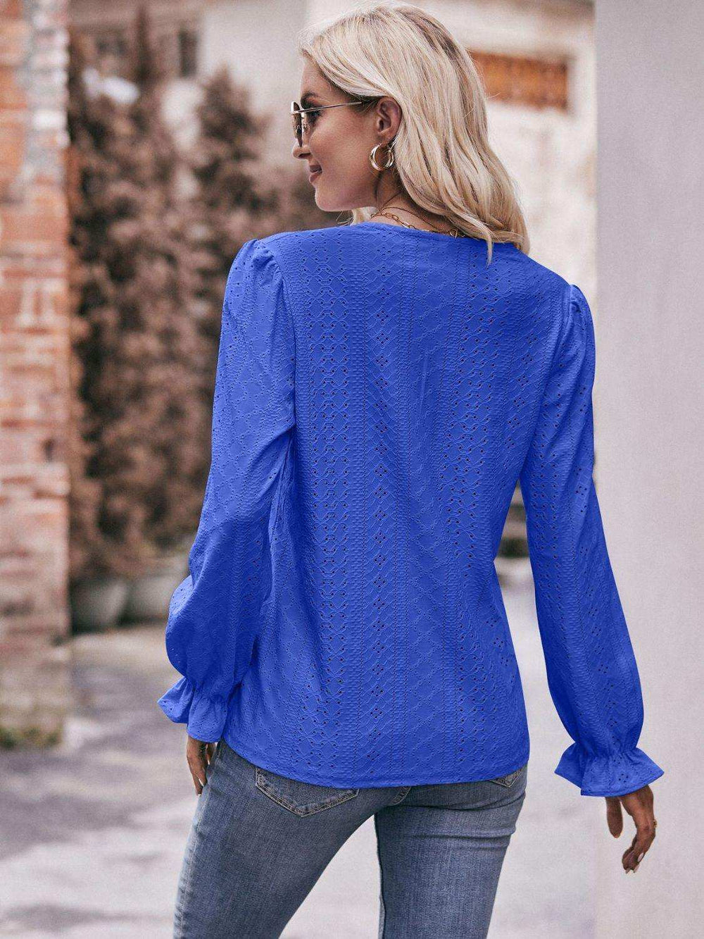 Eyelet V-Neck Flounce Sleeve Blouse - Trendsi - Flyclothing LLC
