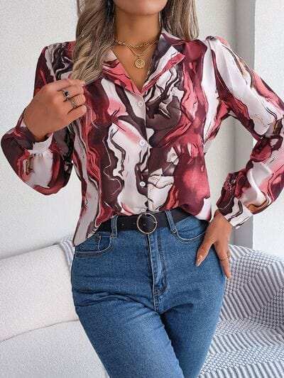 Printed Button Up Long Sleeve Shirt - Trendsi - Flyclothing LLC
