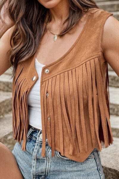Fringe Snap Down Vest Coat - Trendsi - Flyclothing LLC