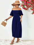Off-Shoulder Balloon Sleeve Midi Dress - Trendsi - Flyclothing LLC