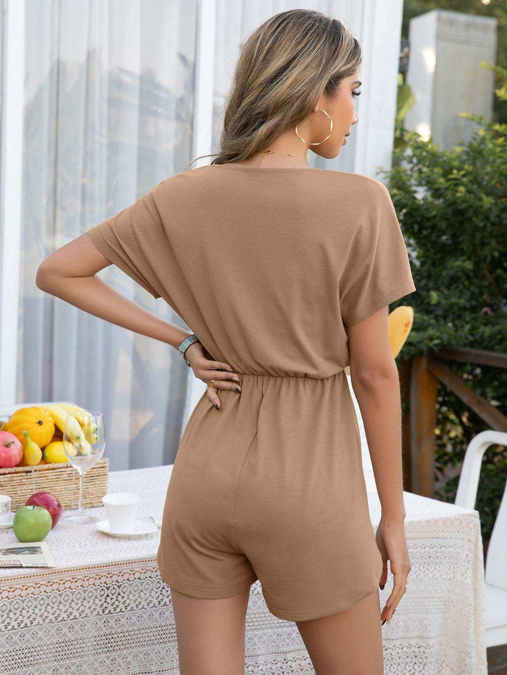 Decorative Button Round Neck Short Sleeve Romper - Trendsi - Flyclothing LLC