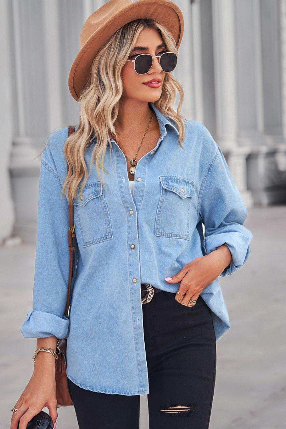 Collared Neck Dropped Shoulder Denim Top - Trendsi - Flyclothing LLC