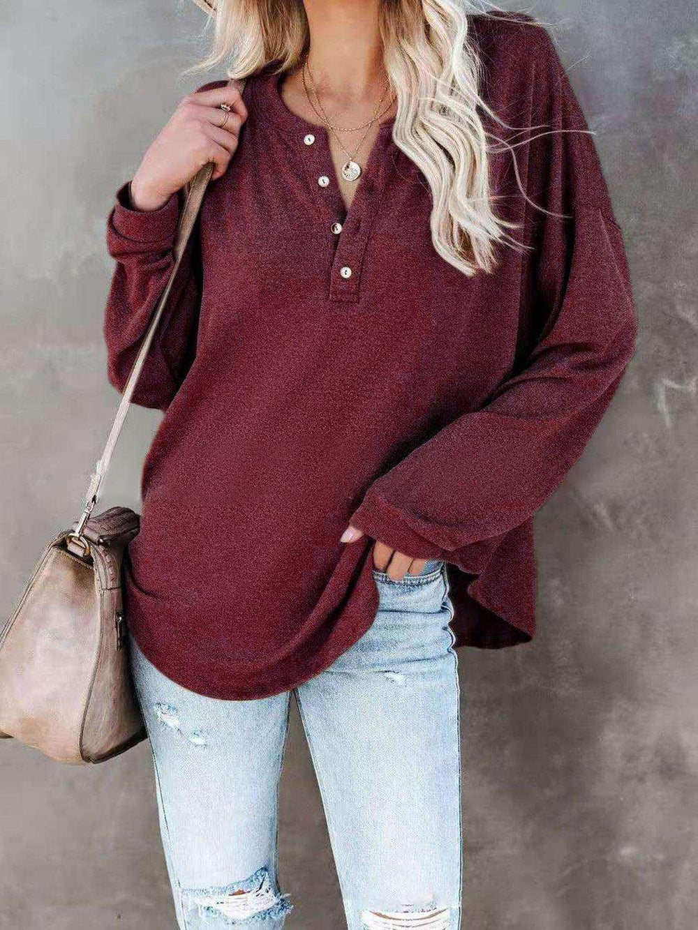 Buttoned Drop Shoulder Top - Trendsi - Flyclothing LLC