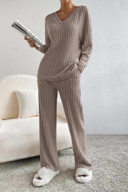 Ribbed V-Neck Top and Pants Set - Trendsi - Flyclothing LLC