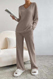 Ribbed V-Neck Top and Pants Set - Trendsi - Flyclothing LLC
