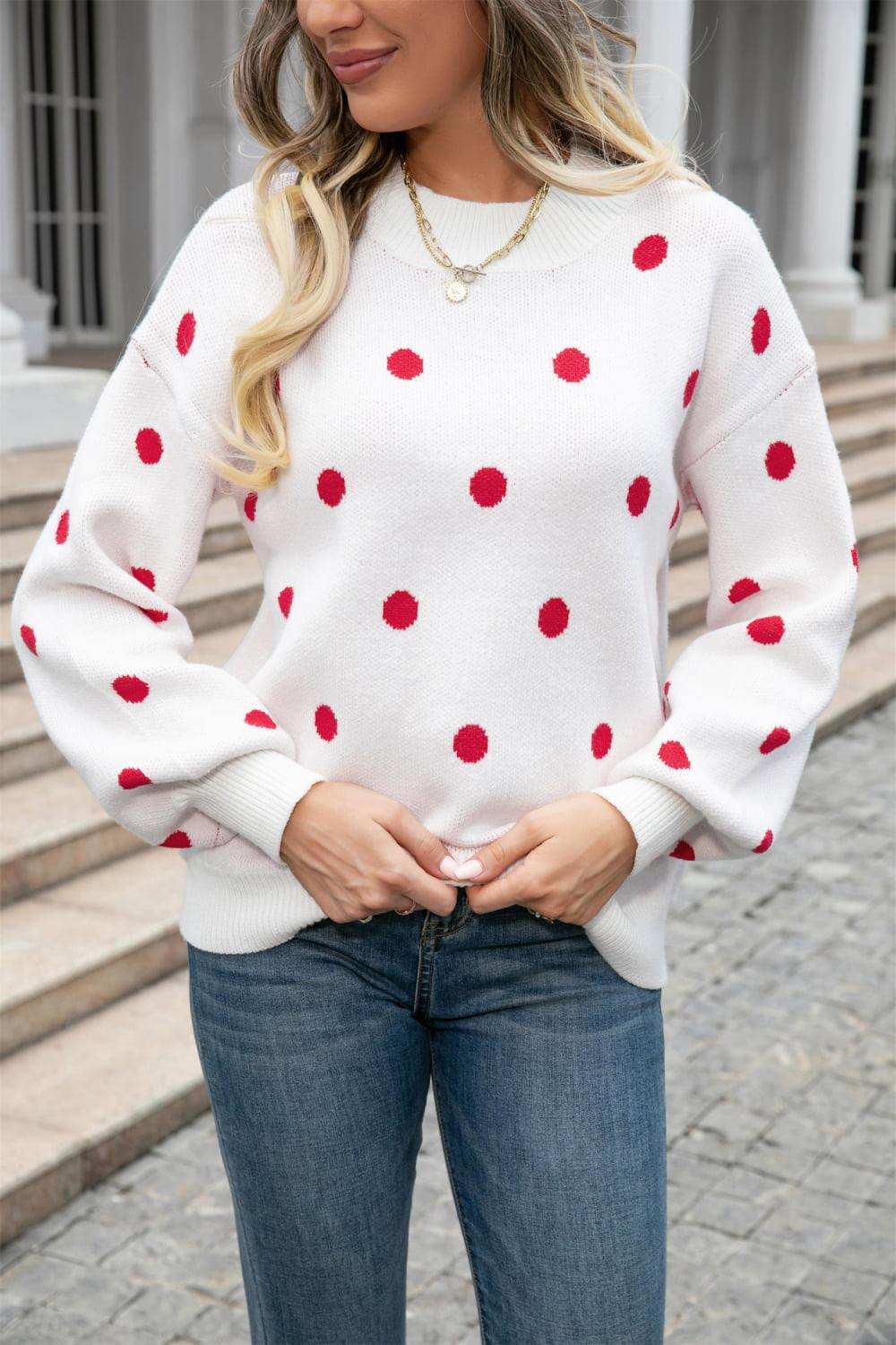 Polka Dot Round Neck Dropped Shoulder Sweater - Trendsi - Flyclothing LLC