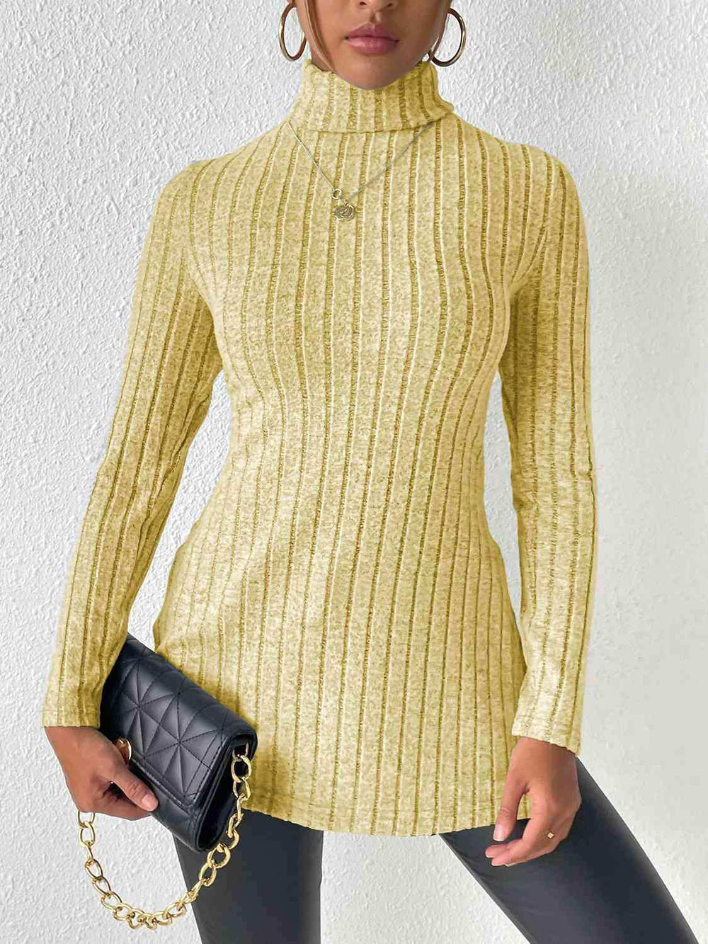 Ribbed Turtleneck Long Sleeve Slit T-Shirt - Trendsi - Flyclothing LLC