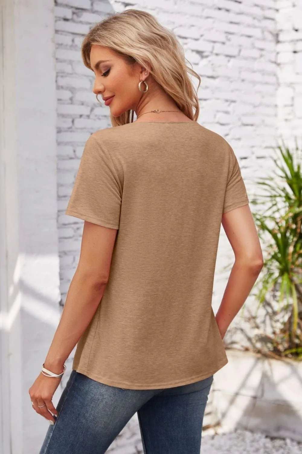 Decorative Button Scoop Neck T-Shirt - Trendsi - Flyclothing LLC
