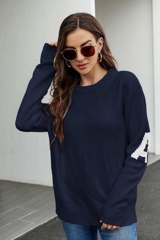 Round Neck Dropped Shoulder Sweater - Trendsi - Flyclothing LLC