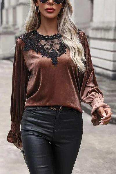 Lace Detail Round Neck Smocked Flounce Sleeve Blouse - Trendsi - Flyclothing LLC