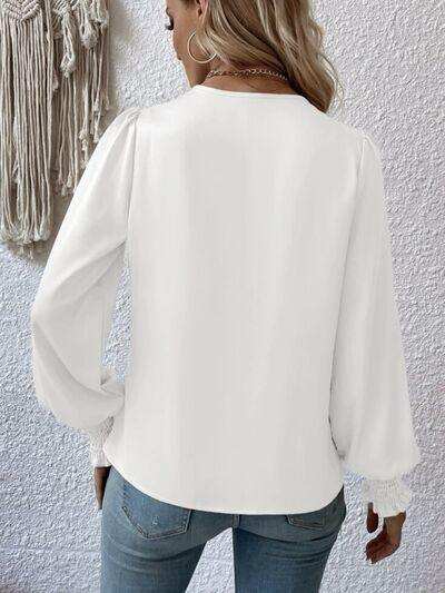 Surplice Smocked Lantern Sleeve Blouse - Trendsi - Flyclothing LLC