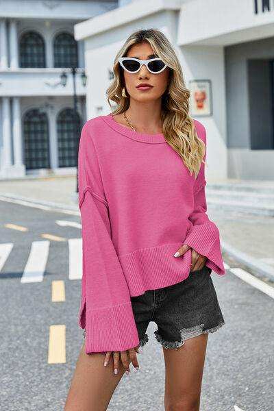 High-Low Slit Round Neck Long Sleeve Sweater - Trendsi - Flyclothing LLC