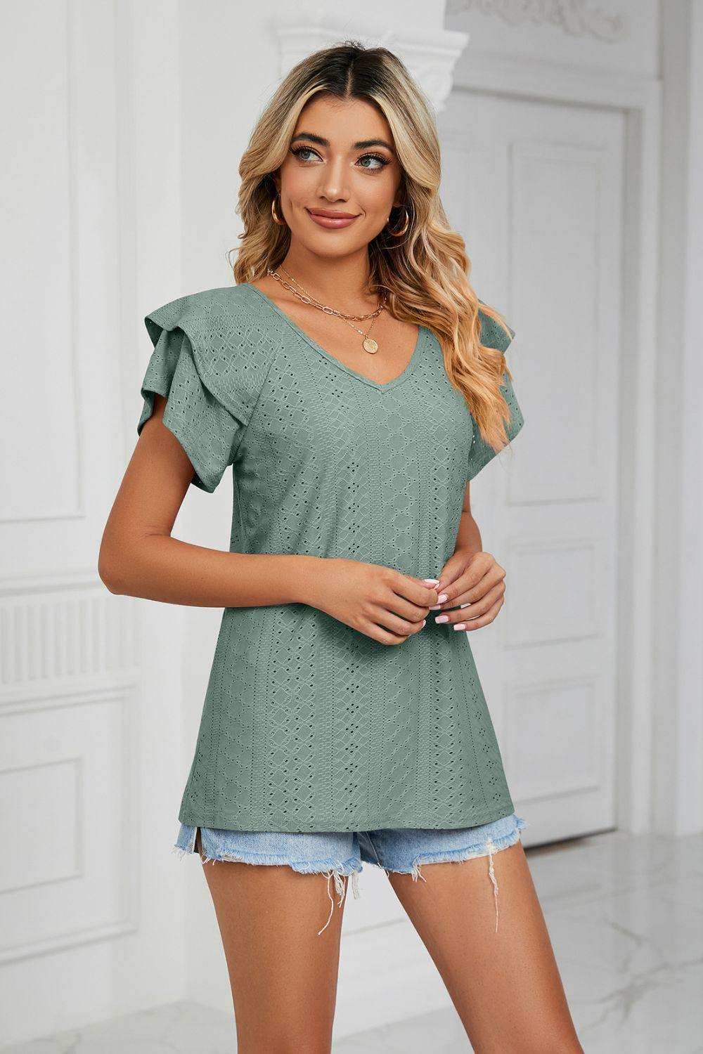Eyelet Layered Flutter Sleeve V-Neck Knit Top - Trendsi - Flyclothing LLC