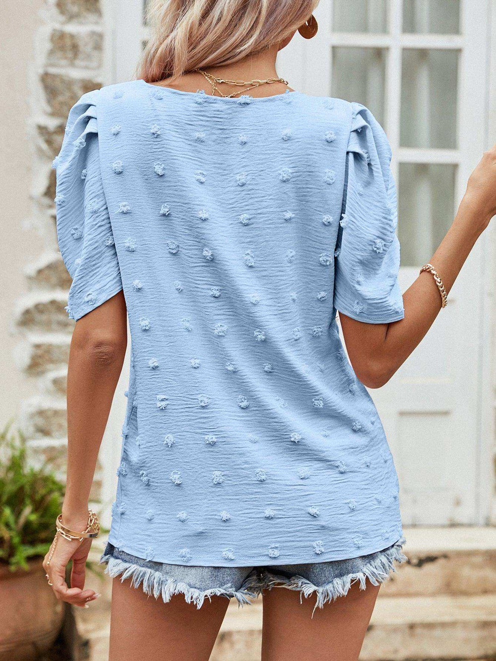 Swiss Dot Short Puff Sleeve Top - Trendsi - Flyclothing LLC