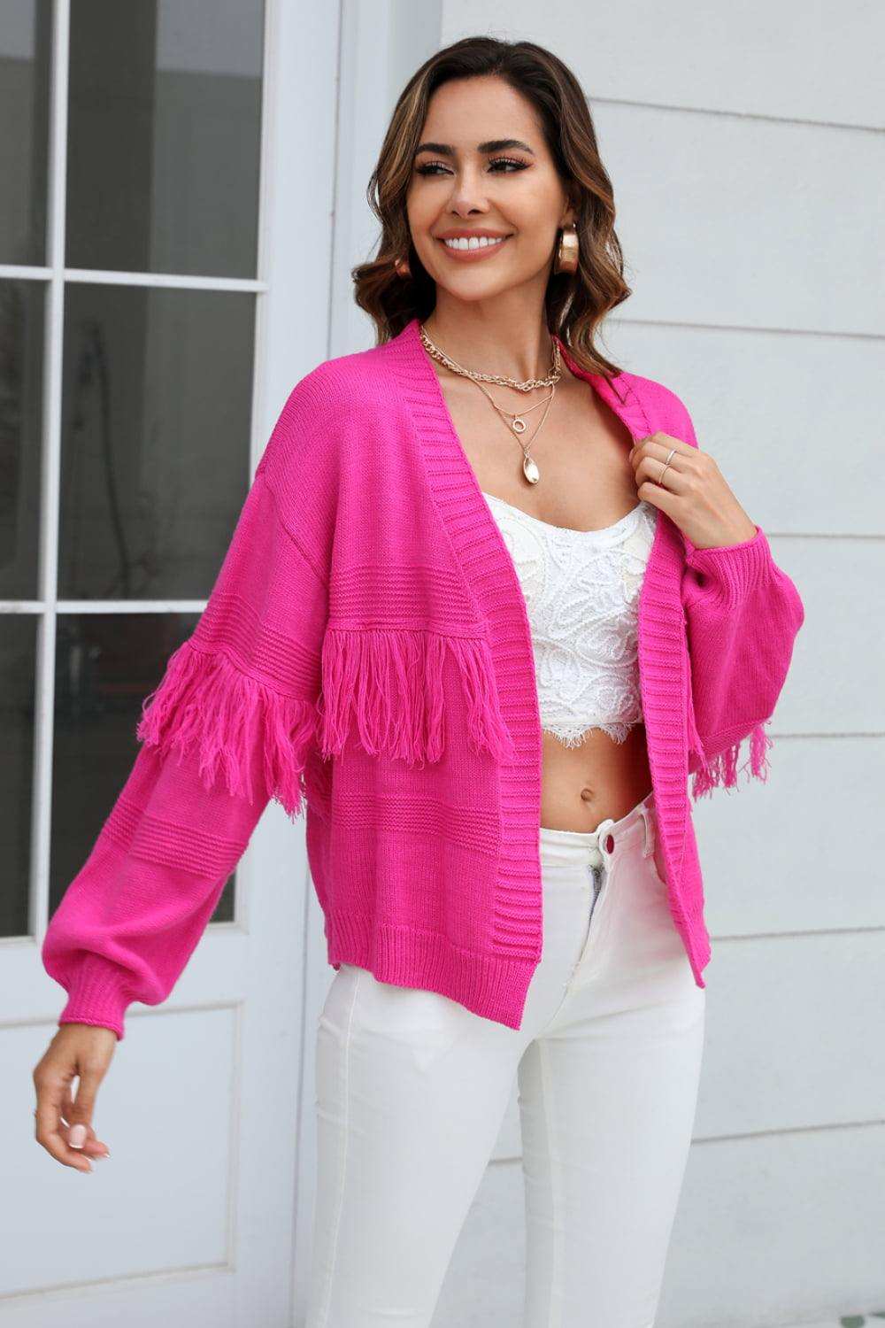 Fringe Trim Open Front Cardigan - Trendsi - Flyclothing LLC