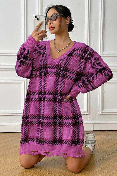 Plaid V-Neck Long Sleeve Sweater Dress - Trendsi - Flyclothing LLC
