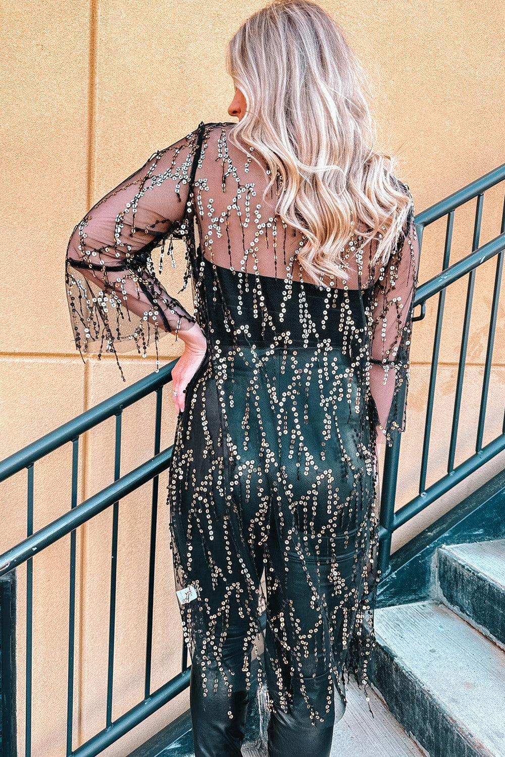 Sequin Open Front Sheer Cardigan - Trendsi - Flyclothing LLC