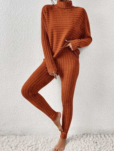 Ribbed Turtleneck Top and Pants Set - Trendsi - Flyclothing LLC