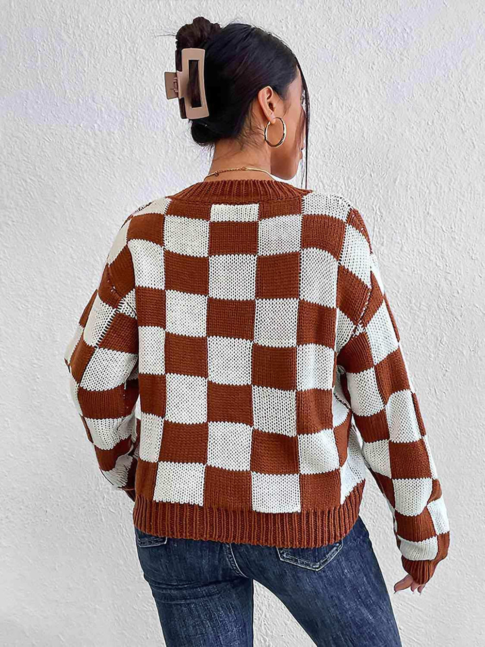 Checkered Round Neck Sweater - Trendsi - Flyclothing LLC