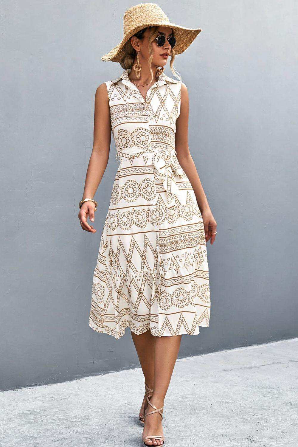 Printed Button Front Tie-Waist Sleeveless Collared Dress - Trendsi - Flyclothing LLC