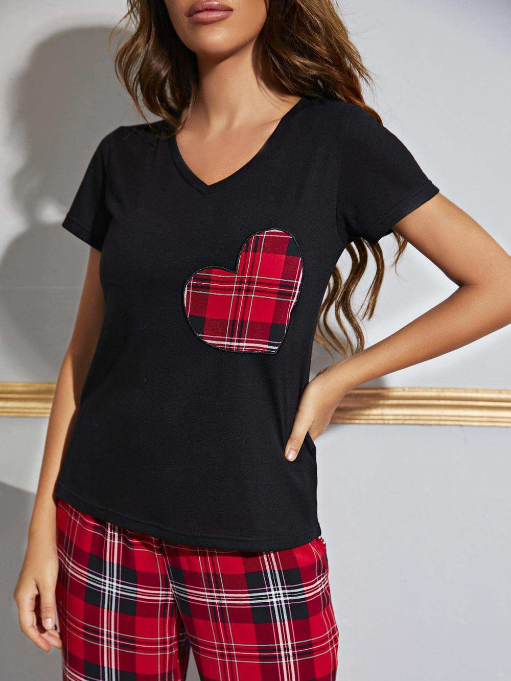 Heart Graphic V-Neck Top and Plaid Pants Lounge Set - Trendsi - Flyclothing LLC