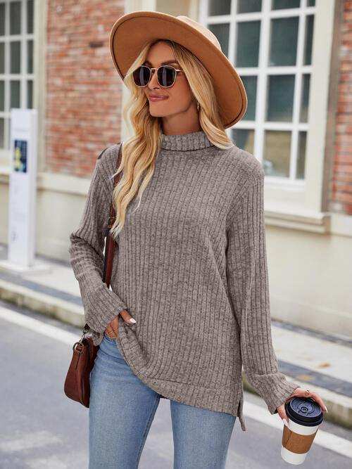 Ribbed Turtleneck Long Sleeve Slit Knit Top - Trendsi - Flyclothing LLC