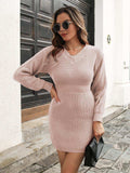 Rib-Knit V-Neck Sweater Dress - Trendsi - Flyclothing LLC