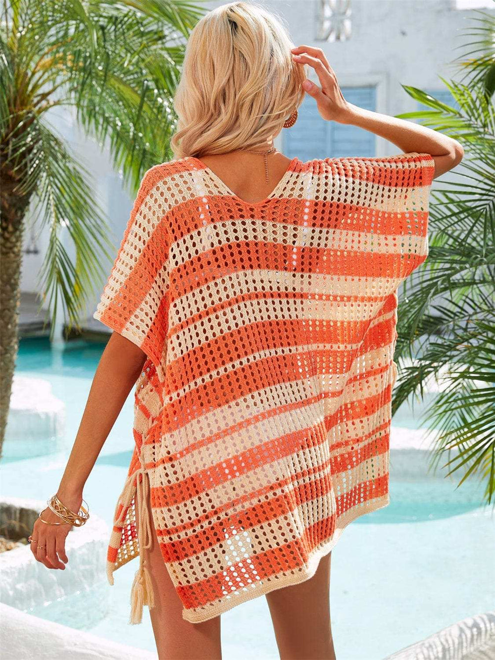 Tassel Openwork Striped V-Neck Cover Up - Trendsi - Flyclothing LLC