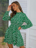 Printed Frill Neck Long Sleeve Dress - Trendsi - Flyclothing LLC