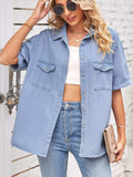 Collared Neck Short Sleeve Denim Jacket - Trendsi - Flyclothing LLC