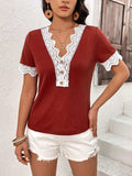 Lace Detail V-Neck Short Sleeve T-Shirt - Trendsi - Flyclothing LLC