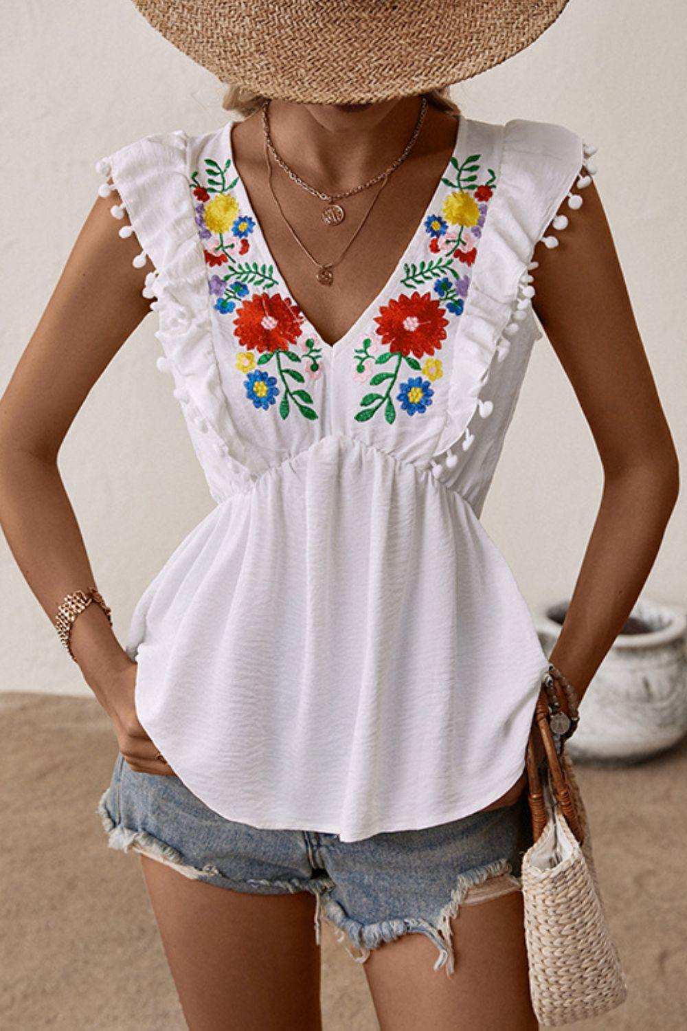Embroidered Pom-Pom Trim Cap Sleeve Babydoll Top - Trendsi - Flyclothing LLC