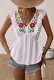 Embroidered Pom-Pom Trim Cap Sleeve Babydoll Top - Trendsi - Flyclothing LLC