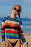 Rainbow Stripe Openwork Long Sleeve Cover-Up - Trendsi - Flyclothing LLC