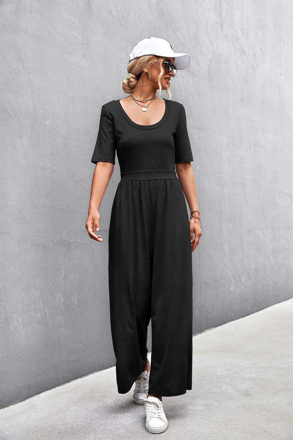Scoop Neck Half Sleeve Wide Leg Jumpsuit - Trendsi - Flyclothing LLC