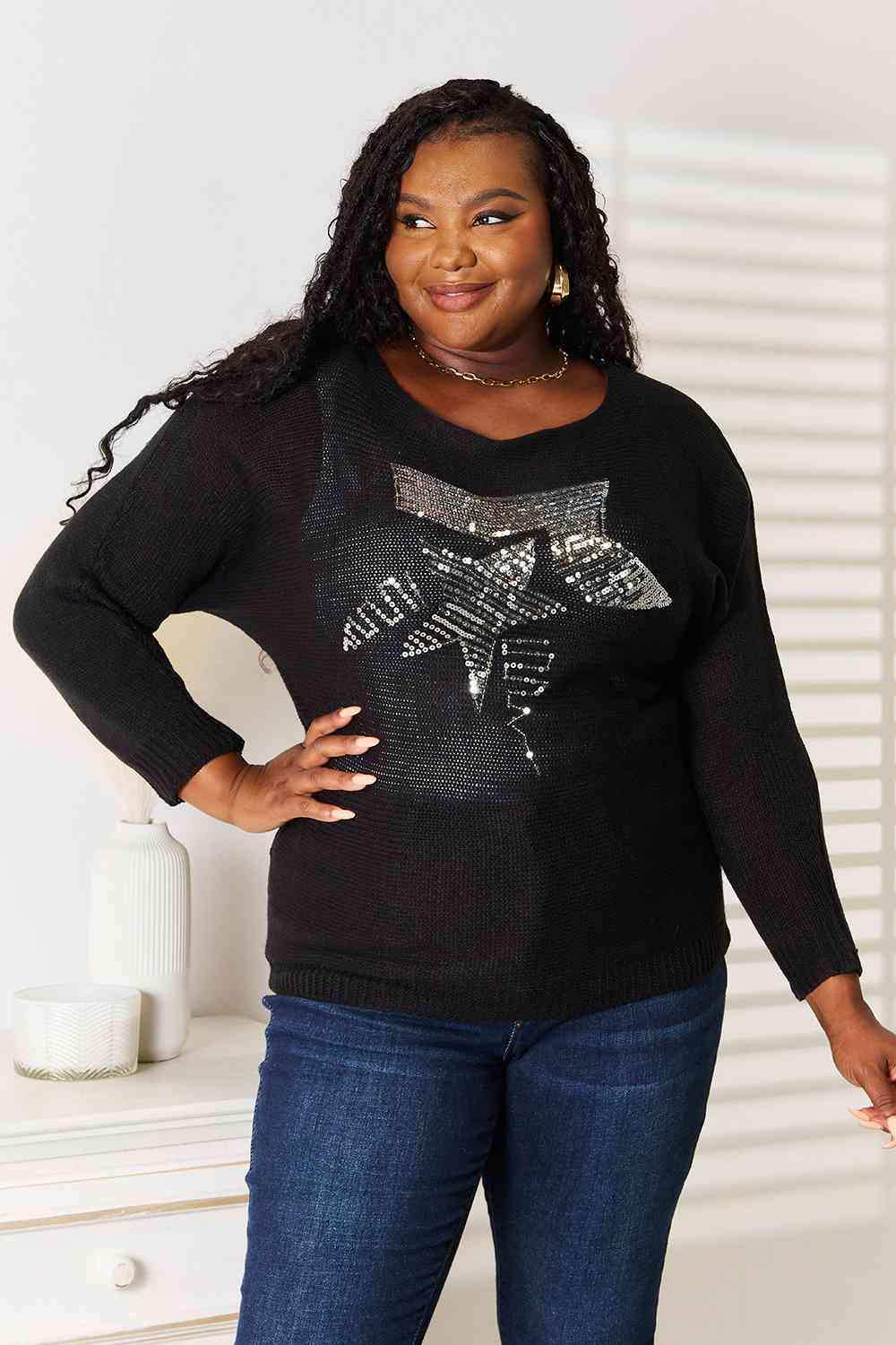 Double Take Sequin Graphic Dolman Sleeve Knit Top - Trendsi - Flyclothing LLC