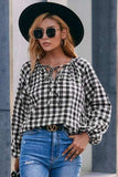 Plaid Tie Neck Balloon Sleeve Blouse - Trendsi - Flyclothing LLC