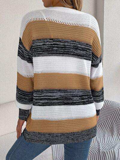 Openwork Striped Open Front Cardigan - Trendsi - Flyclothing LLC