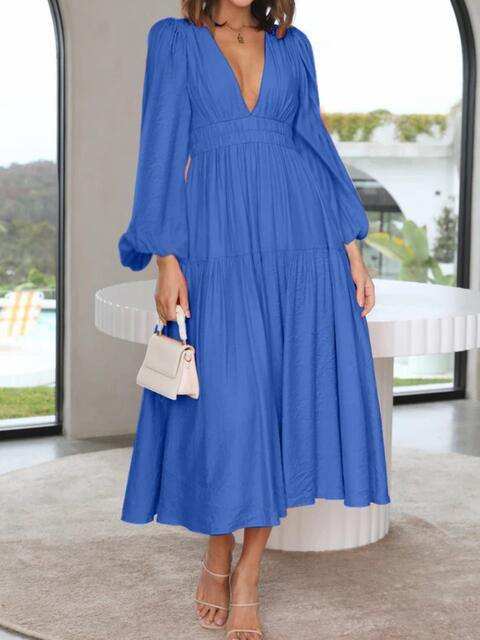 Deep V-Neck Balloon Sleeve Plain Maxi Dress - Trendsi - Flyclothing LLC