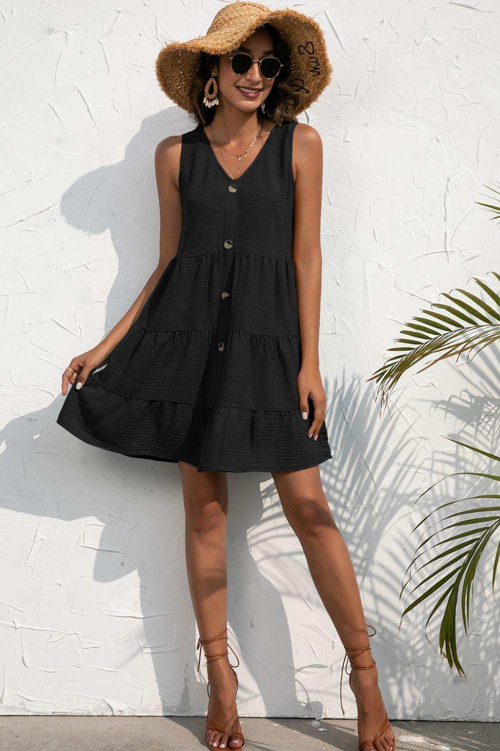 Decorative Button V-Neck Tiered Sleeveless Dress - Trendsi - Flyclothing LLC