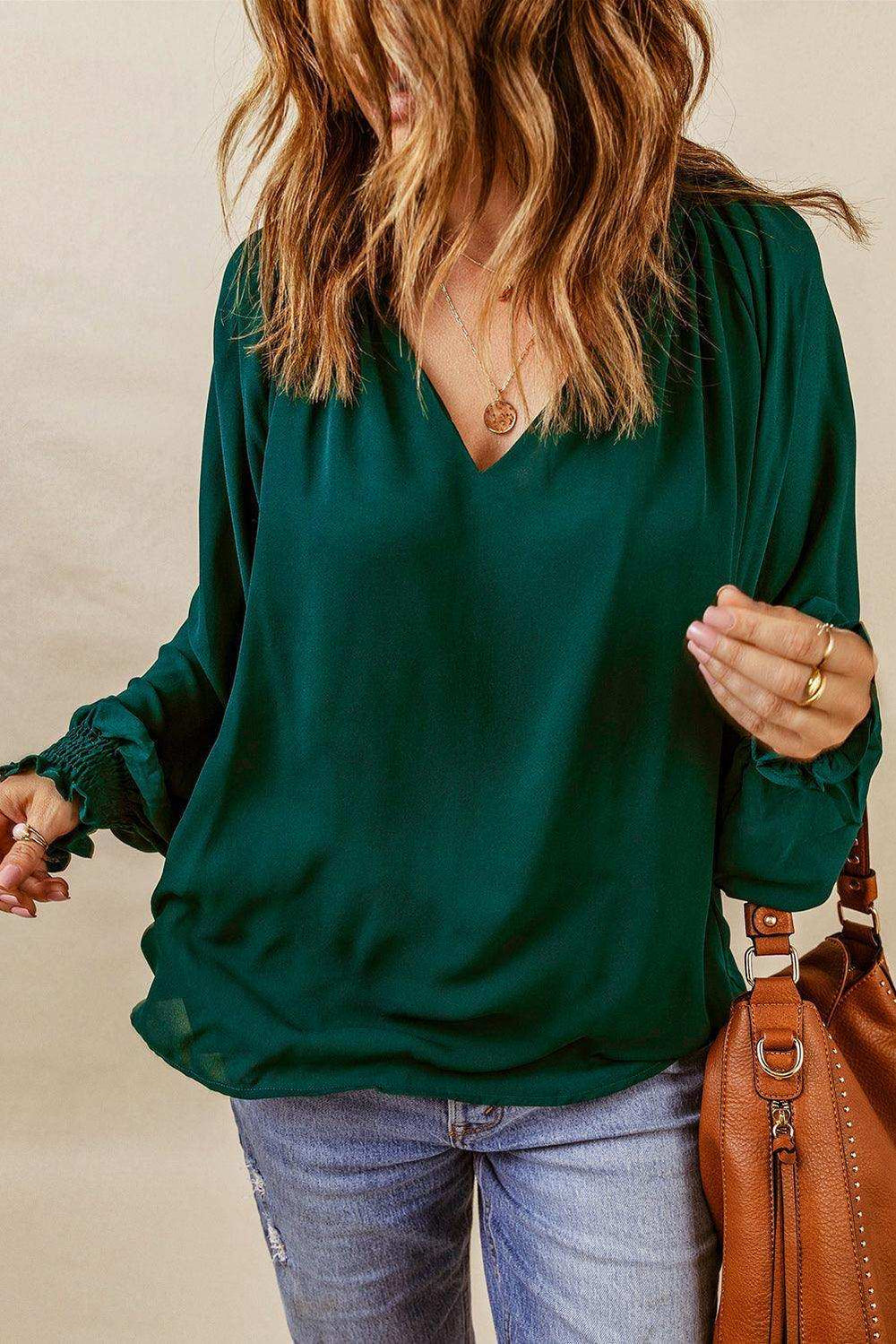Notched Neck Lantern Sleeve Blouse - Trendsi - Flyclothing LLC