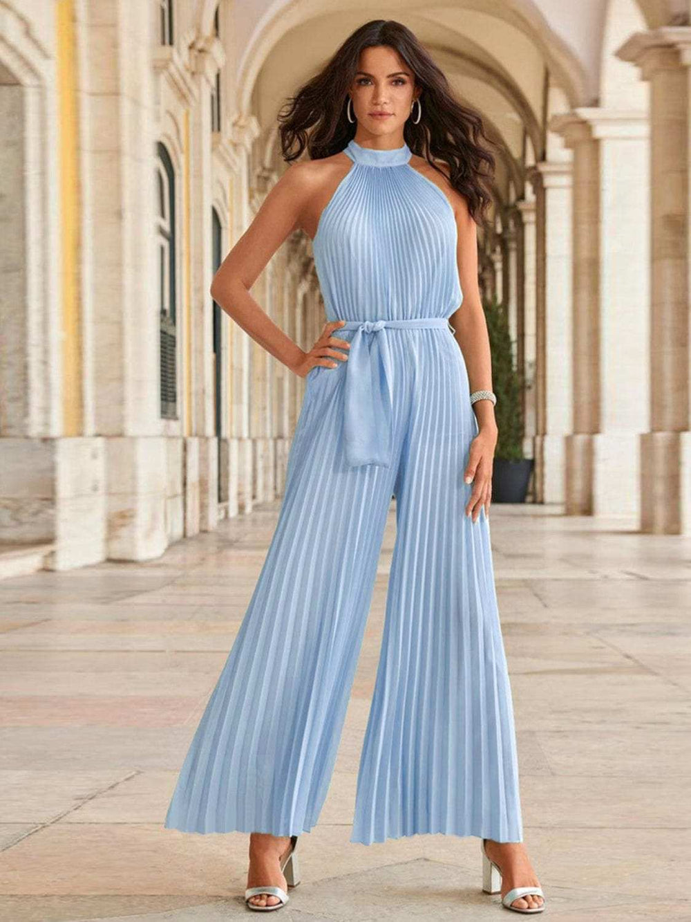 Cutout Tied Pleated Sleeveless Jumpsuit - Trendsi - Flyclothing LLC